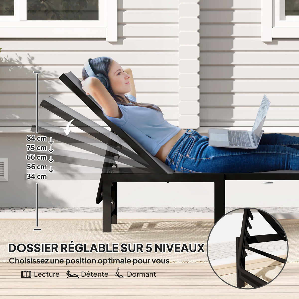 SONNENLIEGE DE-15681 5-fach verstellbar, Textilene-Bezug Grau - Grau, Metall (60/84/166cm) - ComfortXL