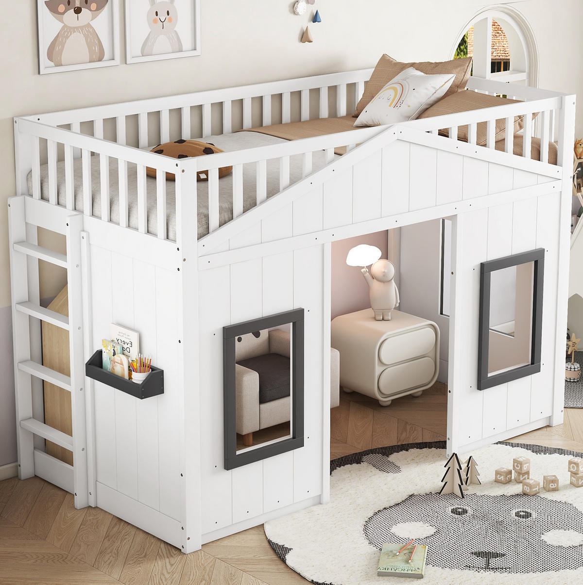 ETAGENBETT 90/200 cm mit Treppe, Fallschutz, Fenstern und Stauraum aus Kiefernholz und MDF, Weiß/Grau - Weiß, Holzwerkstoff (90/200cm) - Redom