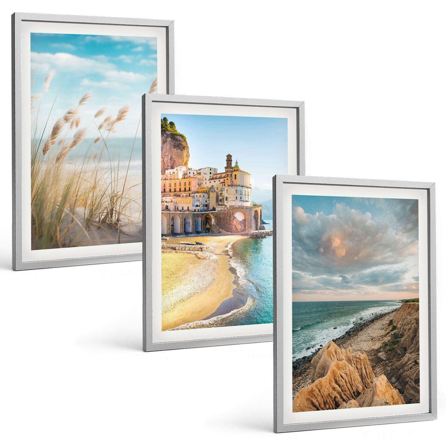 BILDER SET 3er Set - 40x60 cm Silberner Rahmen - Landschaften Strand Klippen Stadt - Silberfarben, Kunststoff (40/60cm) - TULUP