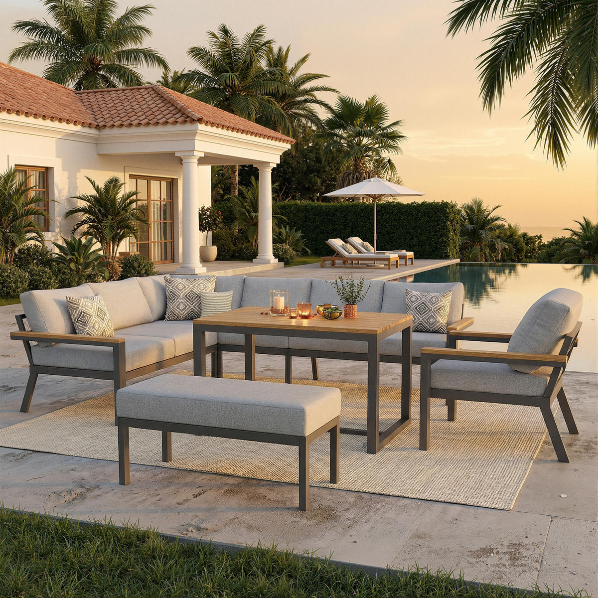 GARTENSET L-Form 8 Personen Grau Mit Holztisch & Sessel - Grau, Metall - FLIEKS