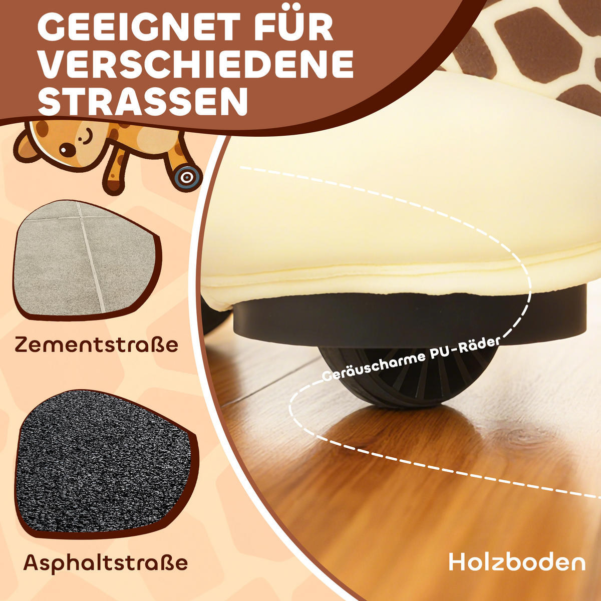 KINDER Elektroauto in Giraffenform 6V Kinderfahrzeug mit Musik Fußpedal Braun - Braun, Textil (74/34/51cm) - AIYAPLAY