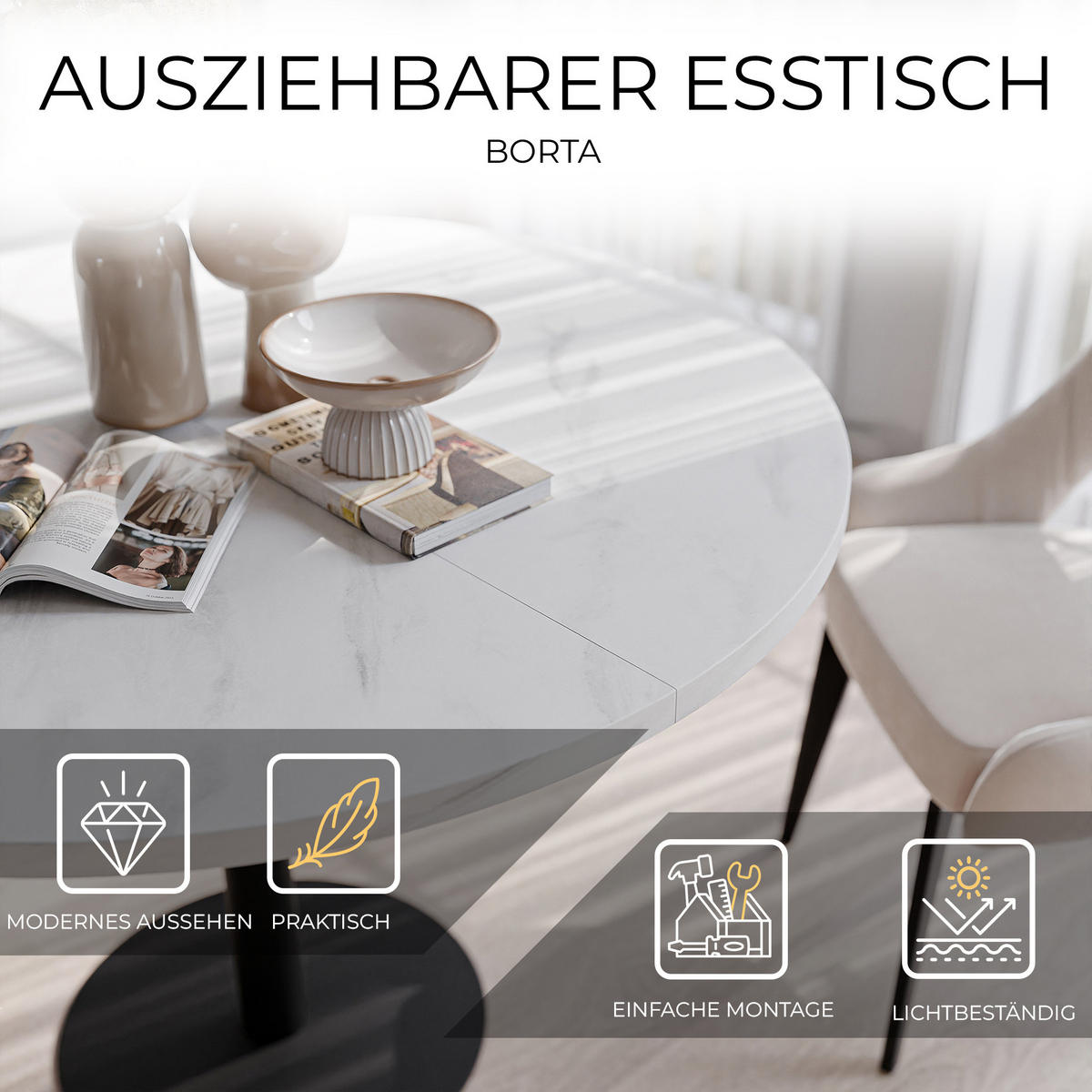 TISCH einbeinig schwarzes Bein, MDF Tischplatte, Marmor Bianco - Schwarz/Weiß, Holzwerkstoff (100/100/76cm) - Idohome
