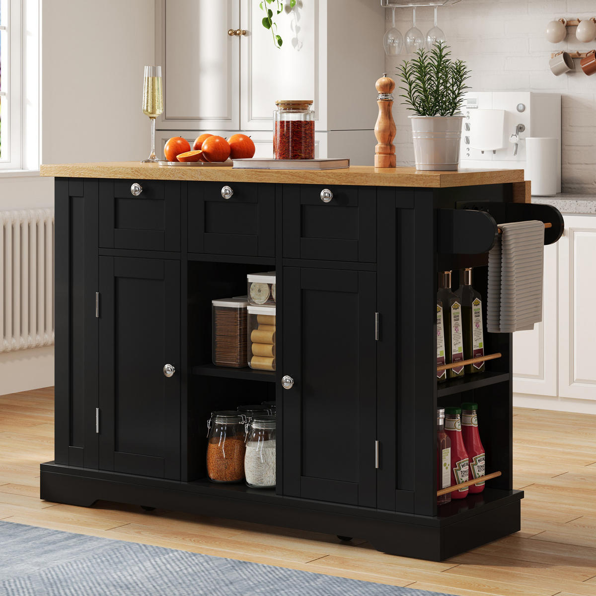 KÜCHENINSEL 132x70x87cm Schwarz Spanplatte mit Steckdose,Ausziehplatte & Rollen - Schwarz, Holzwerkstoff (132/87/70cm) - Modfu
