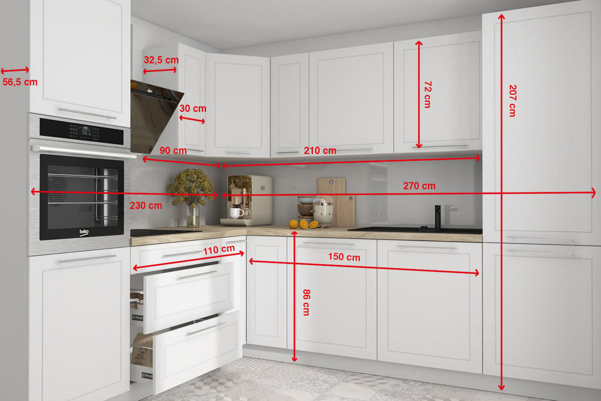 WINKELKÜCHE Kvantum weiß matt, Arbeitsplatte Eiche Sonoma 270 / 230 / 207cm 11-teilig - Weiß/Braun, Holzwerkstoff/Metall (270/207/230cm) - Feldmann-Wohnen