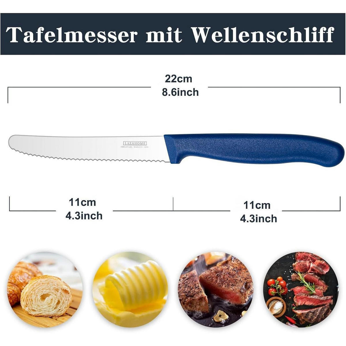 BRÖTCHENMESSER 6-teiliges Set Wellenschliff Edelstahl spülmaschinenfest - Multicolor, Metall
