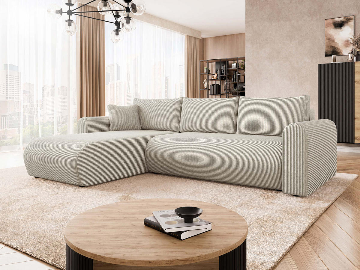 ECKSOFA Eliwo Cord - Schwarz/Naturfarben, Holz/Textil (252/158cm) - MIRJAN24