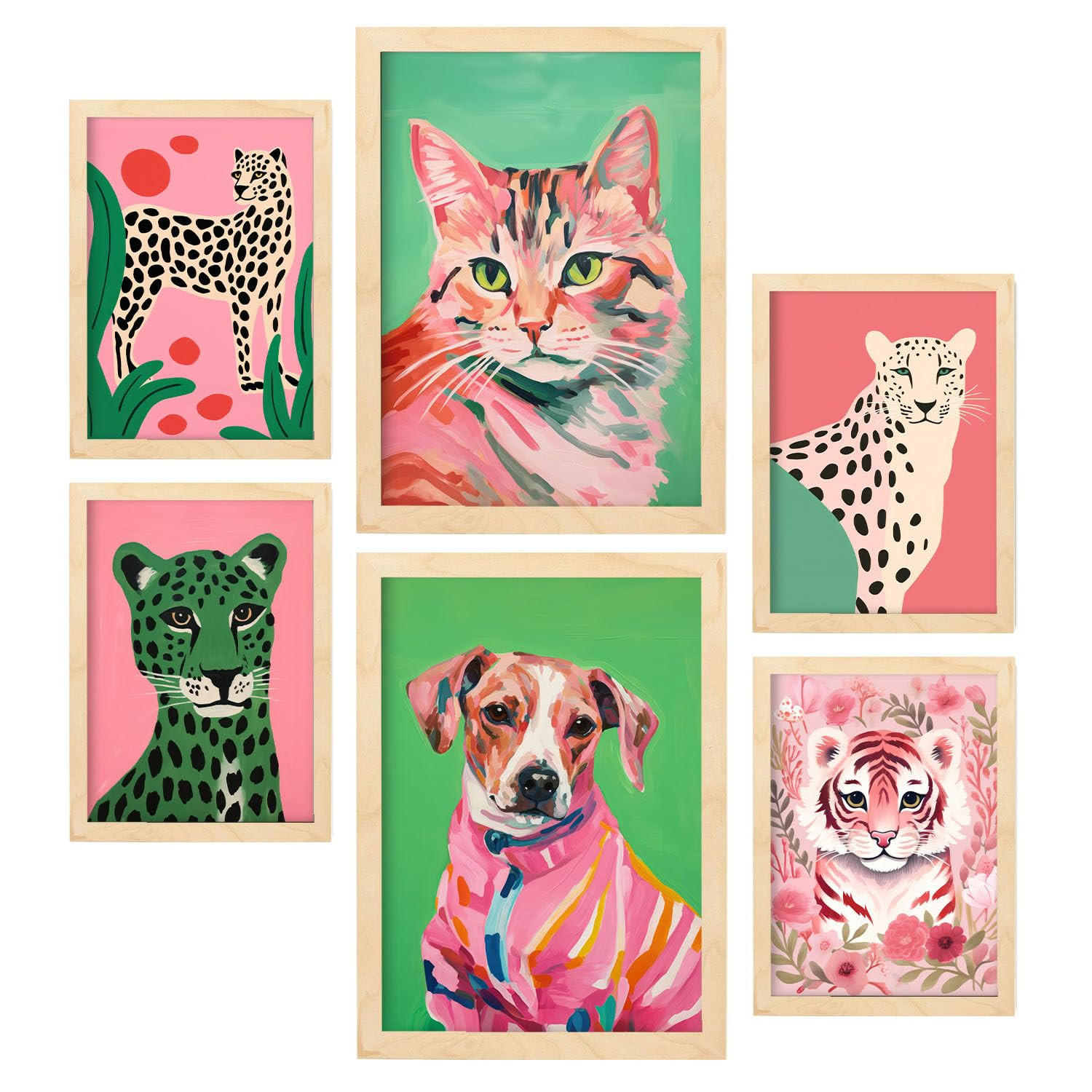 POSTER Set Mit 6 Rosa Haustiere A3 & A4 Rahmen Aus Hellem Holz - Beige, Papier (29/3cm) - Nacnic