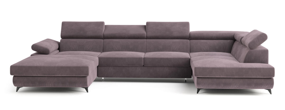 WOHNLANDSCHAFT RUBANO R-S Lila Velours-Stoff mit Schlaffunktion - Lila, Holz (339/89/190cm) - MASSENO