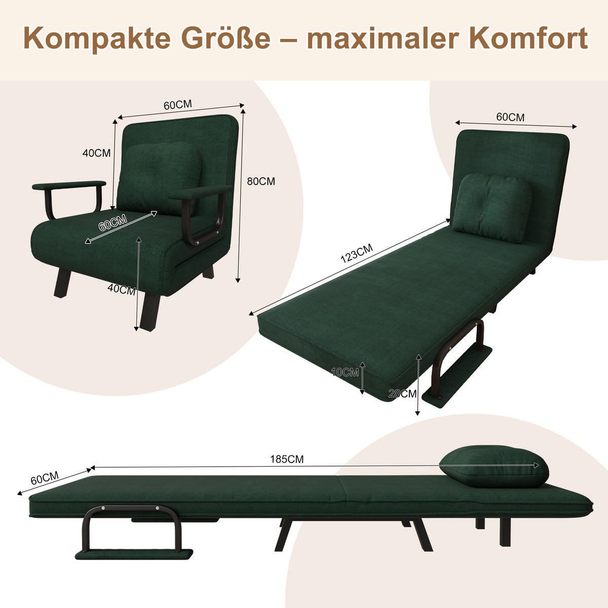 SCHLAFSESSEL 5-fach verstellbar und Liegefunktion, DE-42425, Dunkelgrün - Dunkelgrün, Metall (60/79/60cm) - ComfortXL