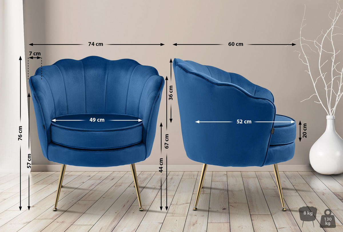 ARMLEHNENSTUHL Samt blau - Blau/Goldfarben, Textil/Metall (74/76/60cm) - CLP