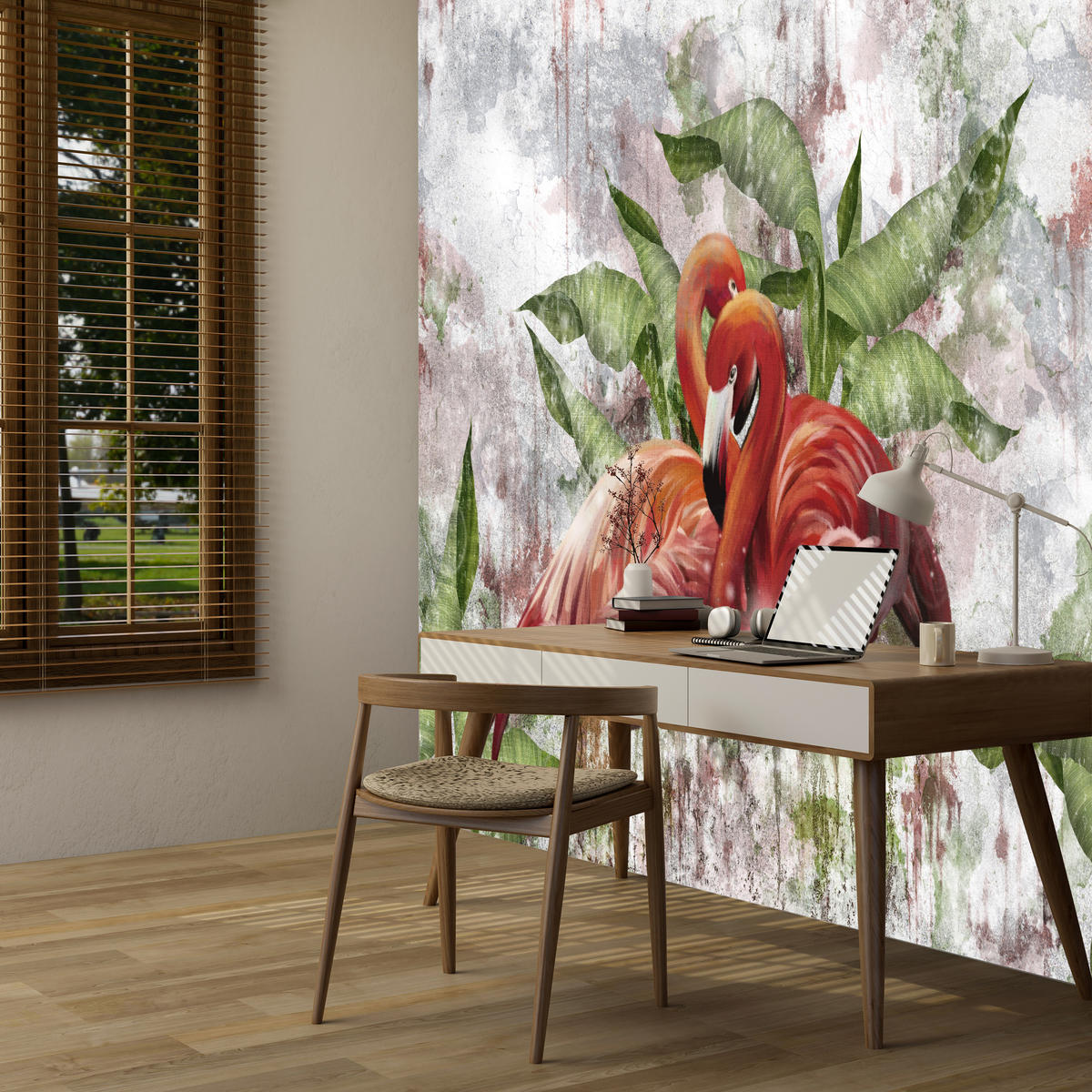 FOTOTAPETE für Schlafzimmer Abstrakte Flamingos Beton Tropische Blätter Palmen Natur 450x315 - Multicolor, Papier (450/315cm) - Muralo