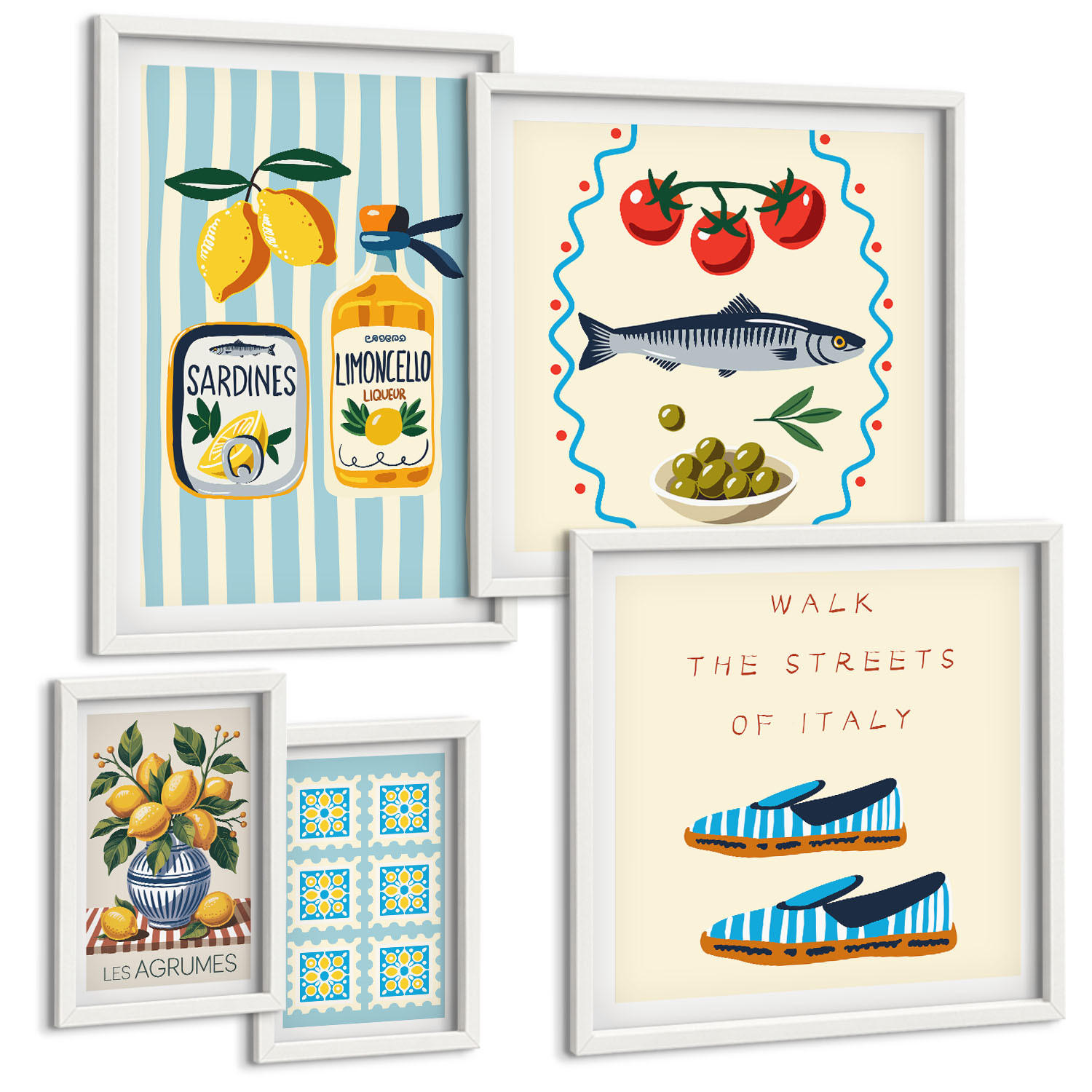 BILDER SET 5er Set - 50x50 cm & 20x30 cm & 40x60 cm Weißer Rahmen - Italienische Aromen, farbenfrohe Bilder - Weiß, Kunststoff (40/60cm) - TULUP