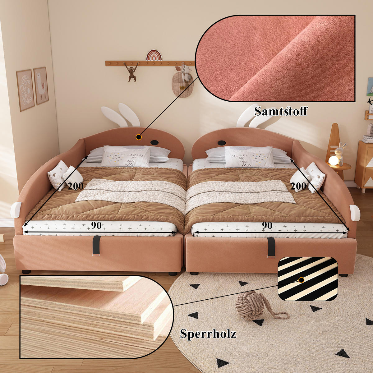 POLSTERBETT 90/200 cm Rosa + Weiß mit Häschen-Kopfteil und hydraulischem Stauraum aus Samt - Dunkelrosa, Textil (90/200cm) - OKWISH