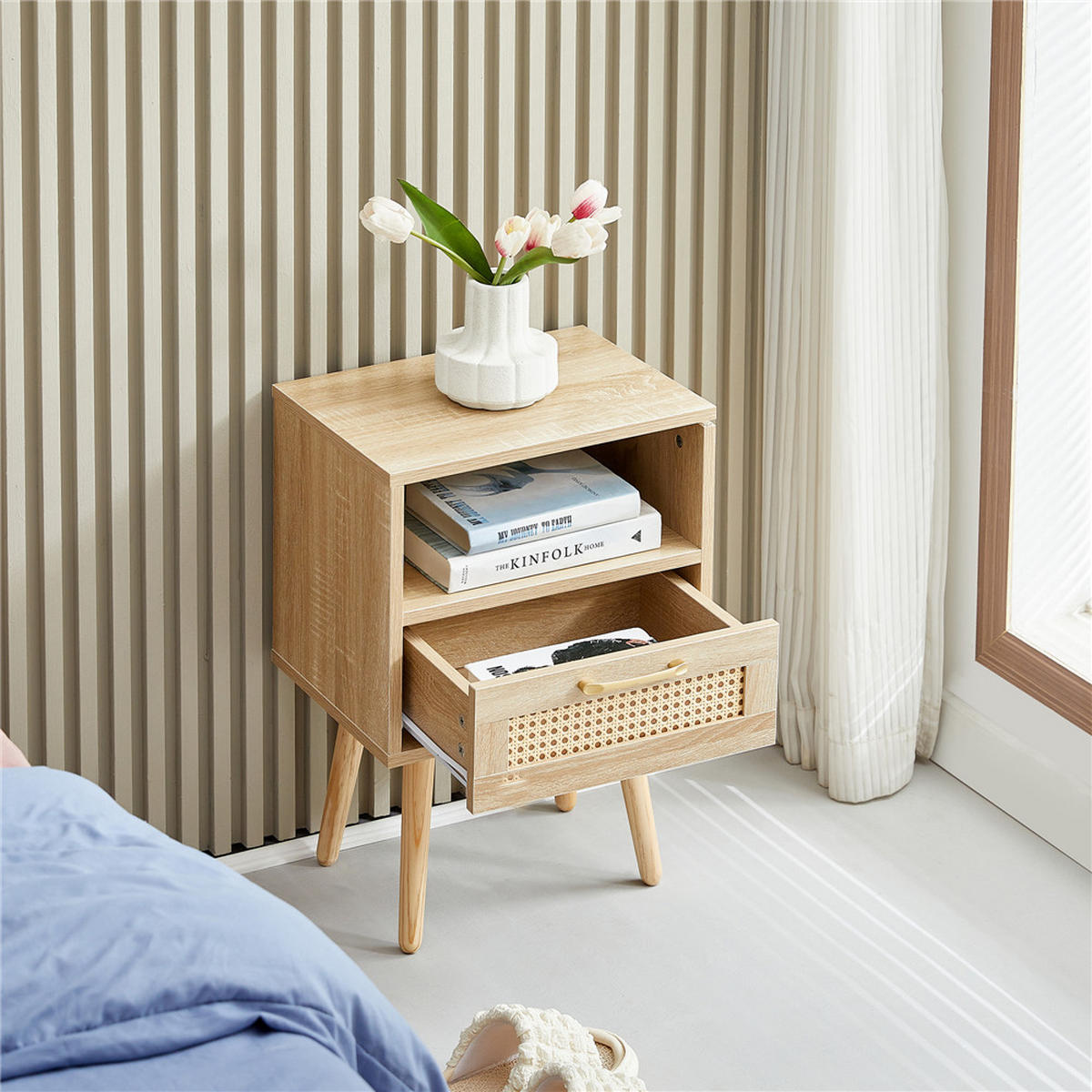 NACHTTISCH Rattan 40/55/30 cm mit Schublade Massivholzbeine Naturfarbe - Naturfarben, Holz (40/56/30cm) - Kaket