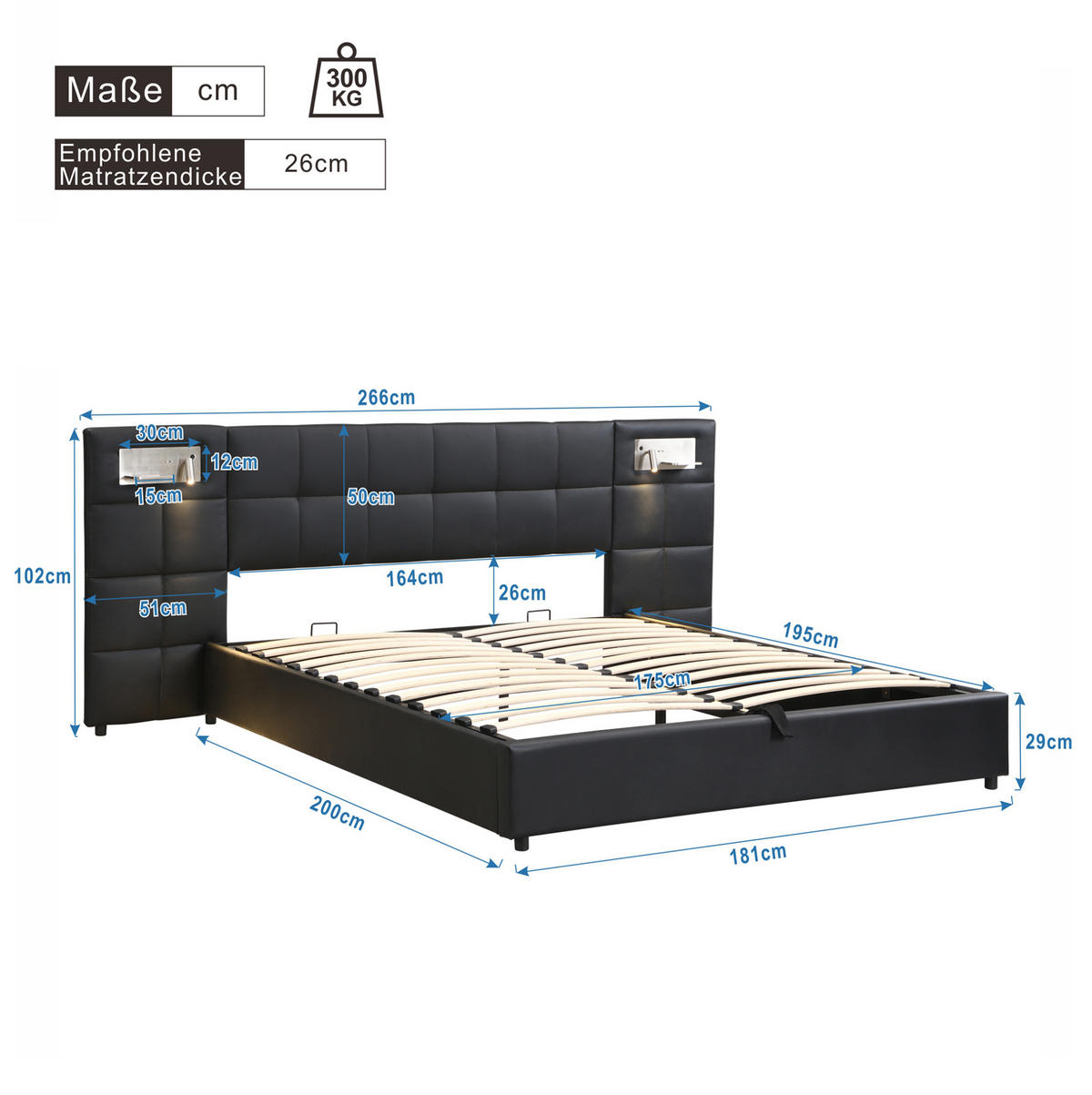 POLSTERBETT 180/200 cm mit USB-Anschluss, kabelloser Ladefunktion, Beleuchtung und hydraulischem Stauraum, Schwarz - Schwarz, Kunststoff (180/200cm) - Redom