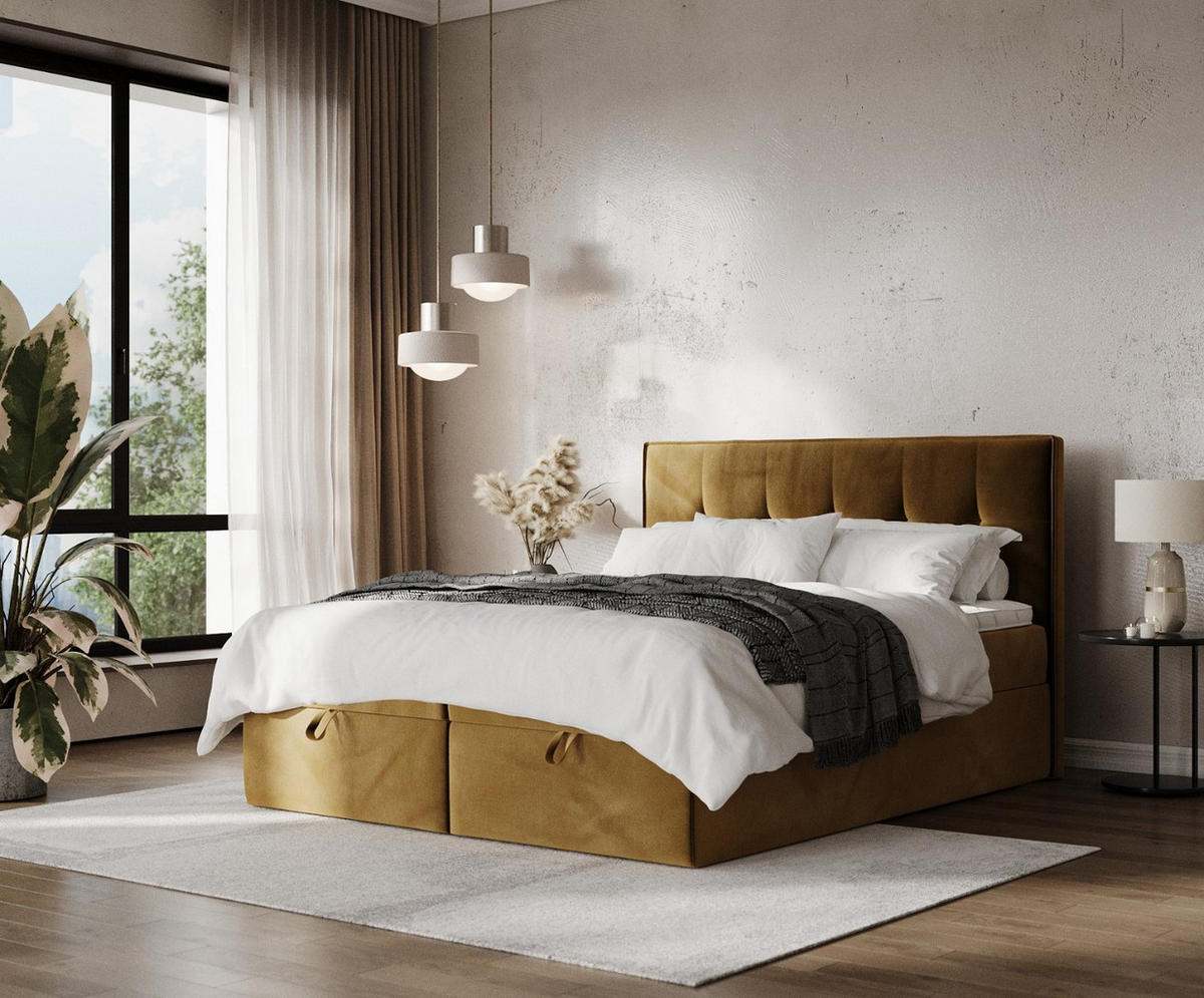 BOXBETT Tivra 200/200 cm Honiggelb im Kronos Stoff - Schwarz/Honig, Holz/Holzwerkstoff (200/200cm) - AltaBeds