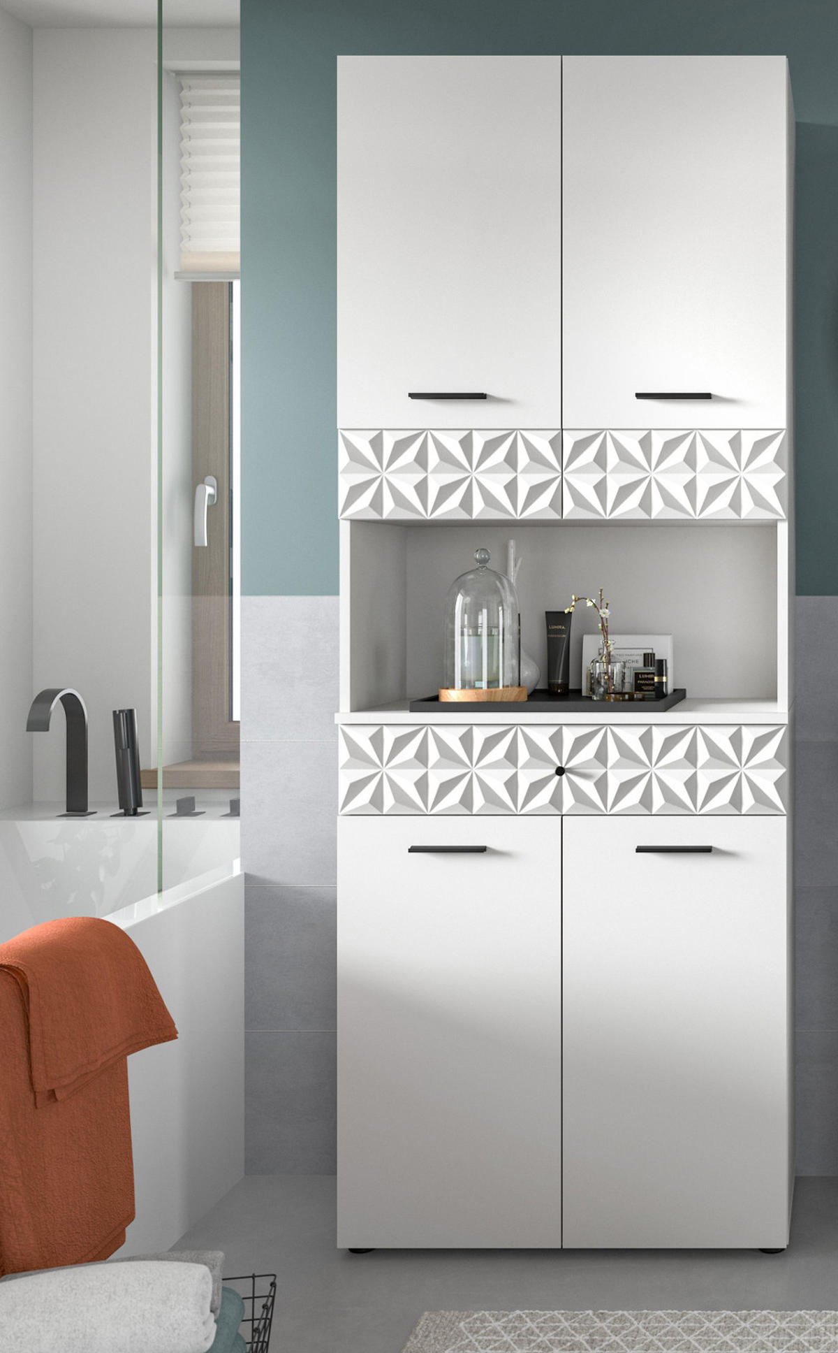 HOCHSCHRANK weiß Hochglanz 70 cm, Badschrank mit 3D-Struktur - Weiß Hochglanz/Schwarz, Holzwerkstoff/Kunststoff (70/187/34cm) - Inn.Furn