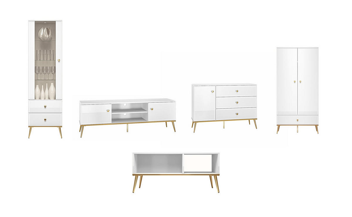 WOHNZIMMER-SET Goldin 5-teilig - Weiß Hochglanz/Weiß, Holz/Holzwerkstoff (427/190/53cm) - Feldmann-Wohnen