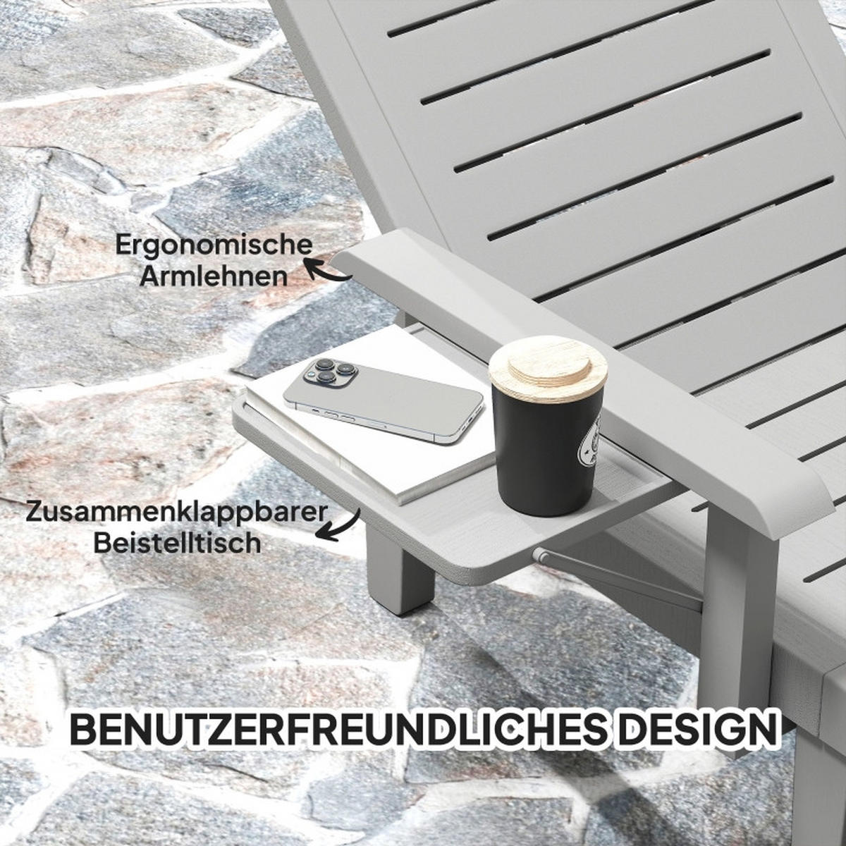 SONNENLIEGE Gartenliege mit Seitentisch Hellgrau 5-fach verstellbar - Grau, Kunststoff (79/88/158cm) - ComfortXL