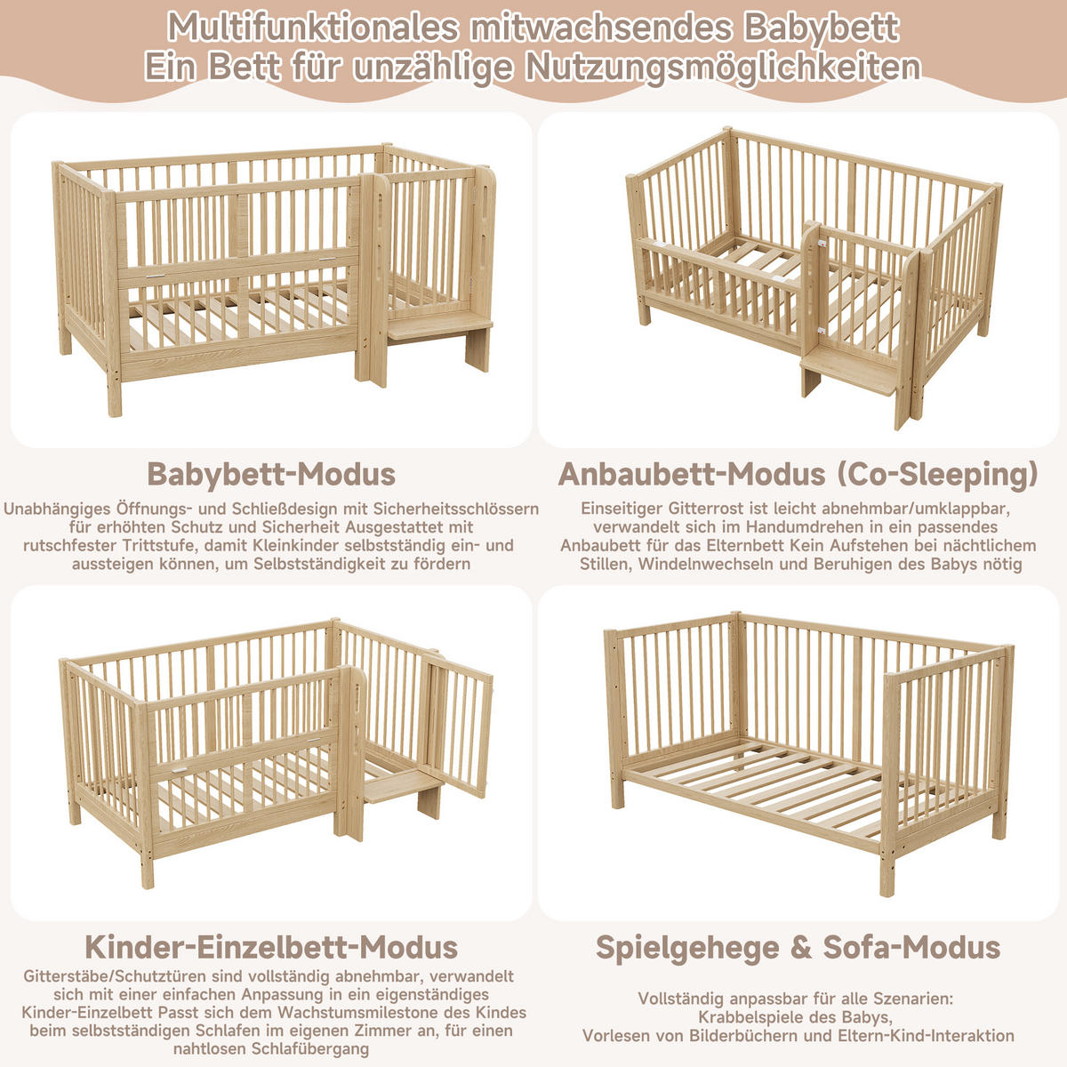 KINDERBETT 140/70 cm in Natur mit Umbausatz, Sicherheitsgeländer und Trittstufe - Naturfarben, Holz/Holzwerkstoff (70/140cm) - WISHDOR