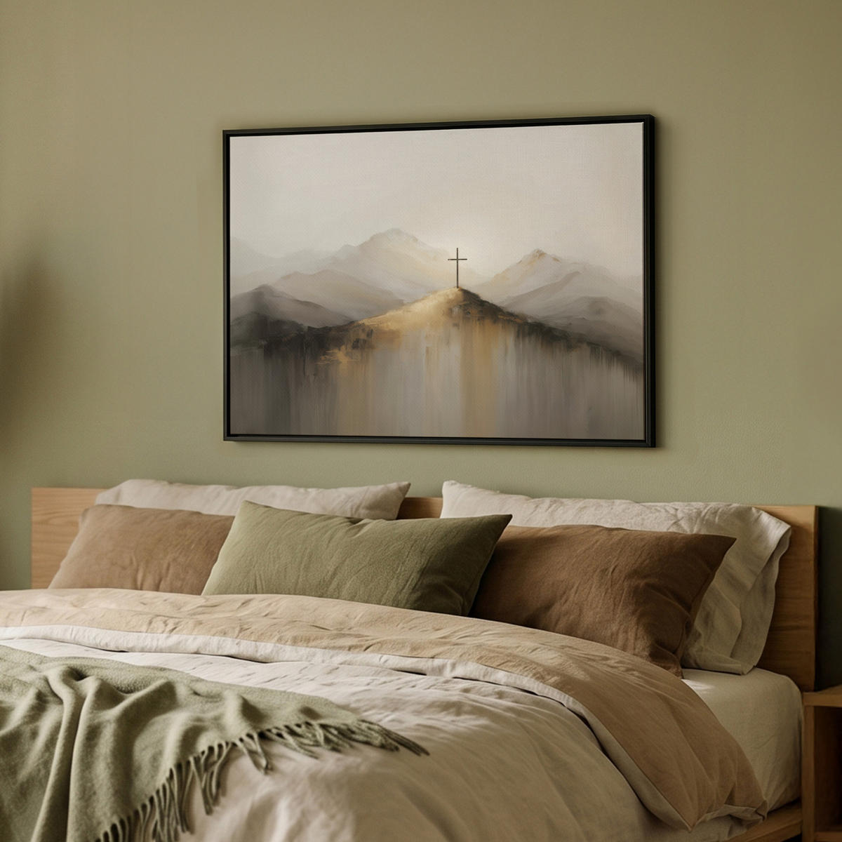 LEINWAND Bilder mit Rahmen - Hügel - Abstrakt - Kreuz - Christentum - 70x50 - Beige, Textil (70/50cm) - MuchoWow