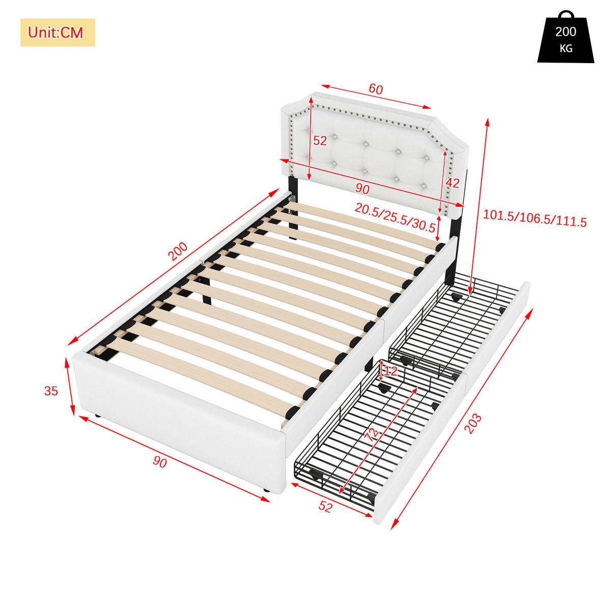 ČALOUNĚNÁ postel 90/200 cm světle béžová z MDF a lněné tkaniny se 2 zásuvkami - ecru, kompozitní dřevo (90/200cm) - OKWISH