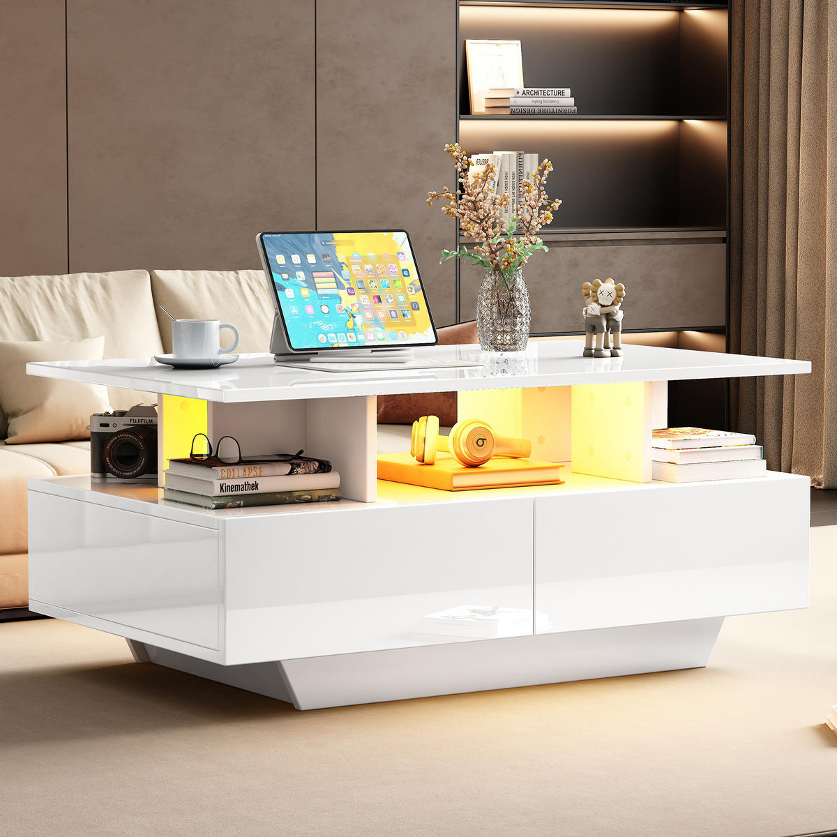 COUCHTISCH DE-176 Modern mit LED-Beleuchtung Weiß - Weiß, Holzwerkstoff (55/90/41cm) - ComfortXL