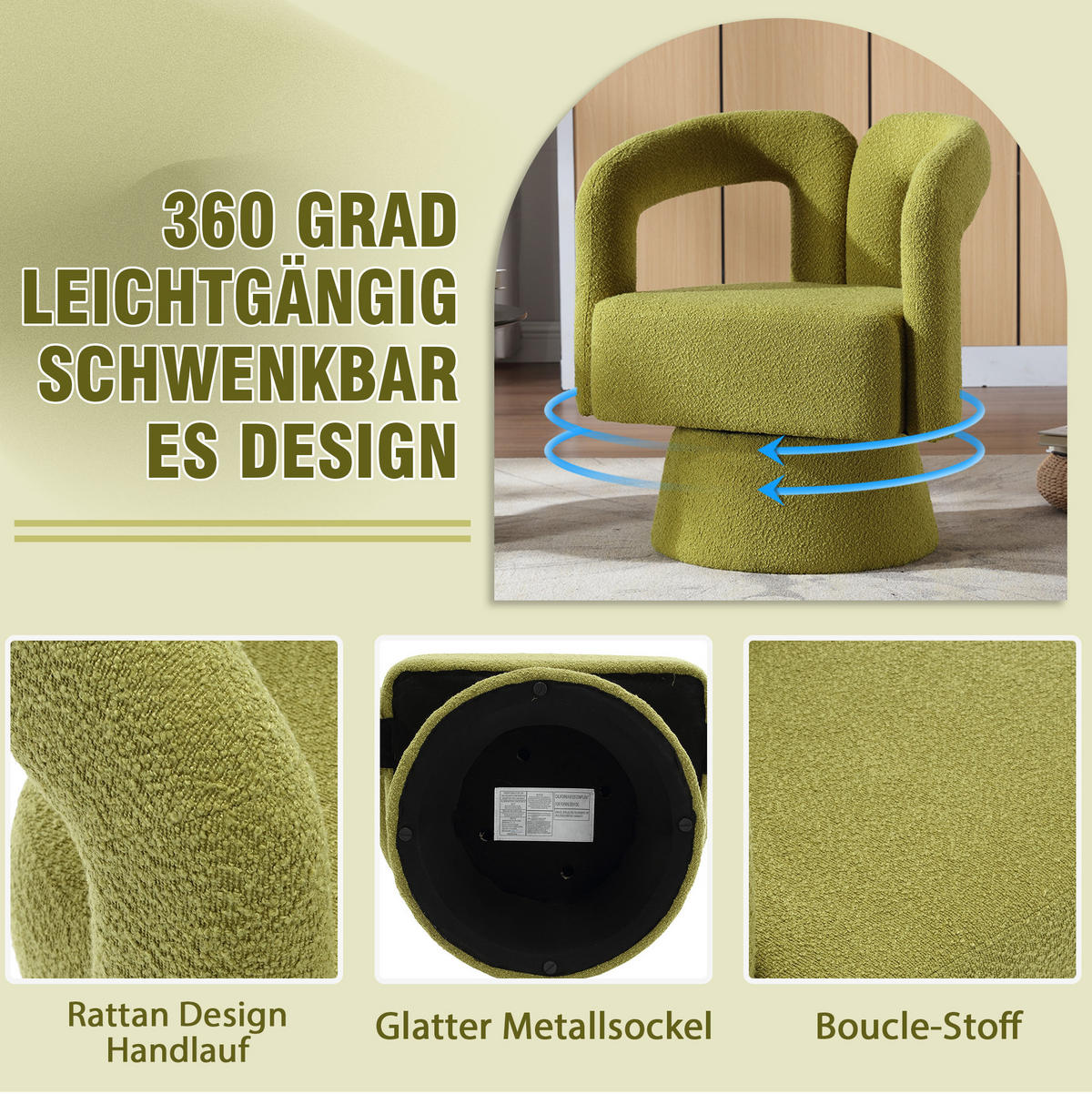 OTOČNÉ kreslo 55/67/74 cm olivovozelené s 360° otáčaním z buklé - olivovozelená, textil (55/74/67cm) - OKWISH
