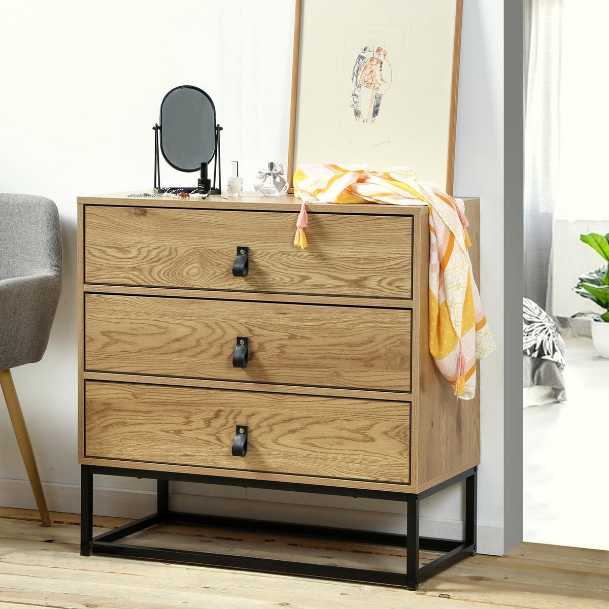 KOMMODE in Eiche-Dekor mit 3 Schubladen und Metallgestell - Eichefarben, Holzwerkstoff (39/79.5/46cm) - Calicosy