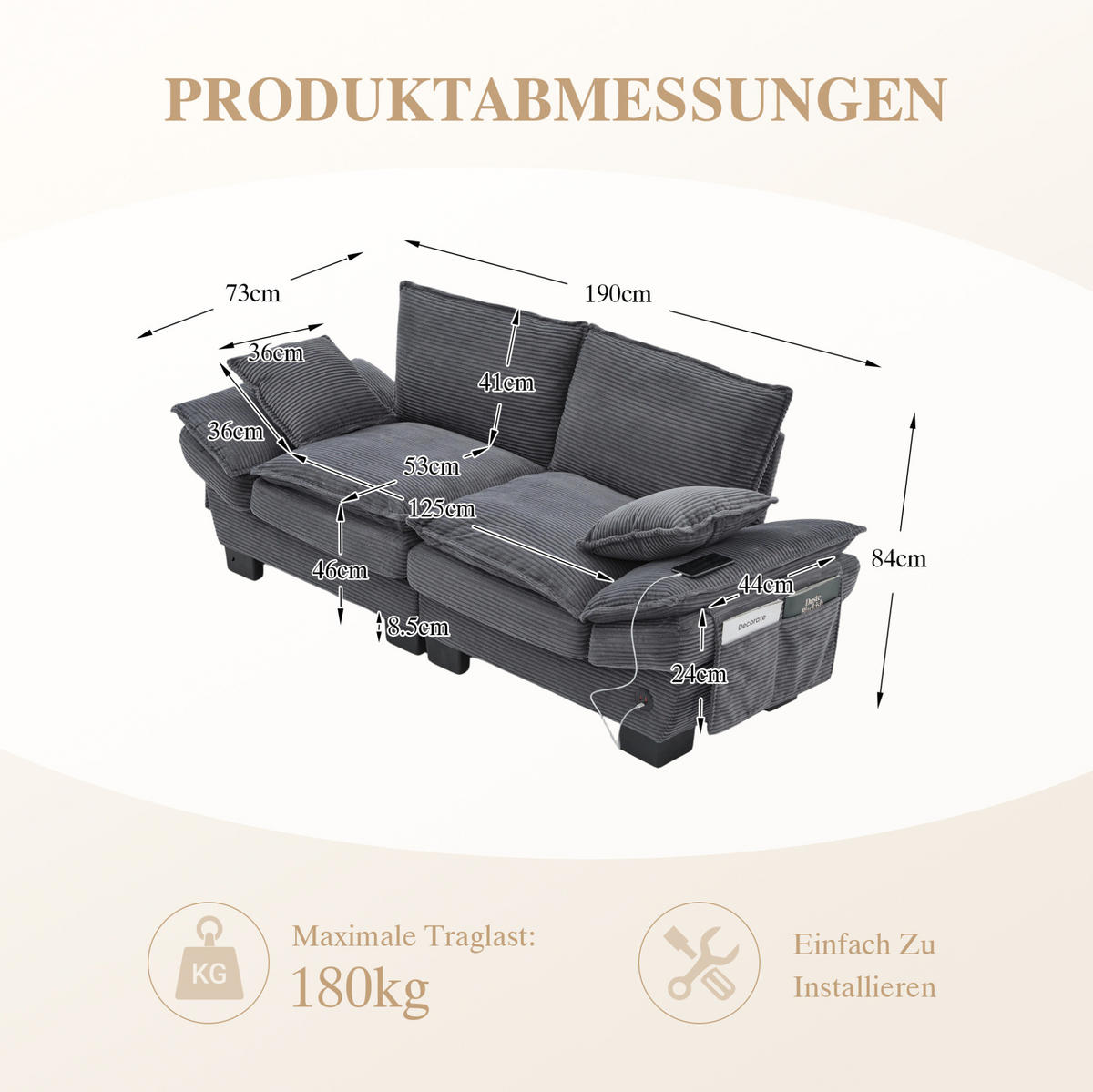 2-SITZER Sofa aus Cord 190x73x84 cm in Dunkelgrau mit USB-C & Seitentaschen - Dunkelgrau, Textil (73/84/190cm) - Modfu