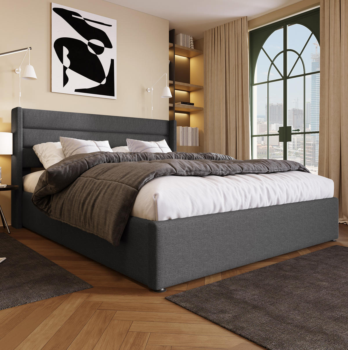 POLSTERBETT 160/200 cm Grau mit hydraulischem Stauraum und Matratze - Grau, Textil (160/200cm) - OKWISH