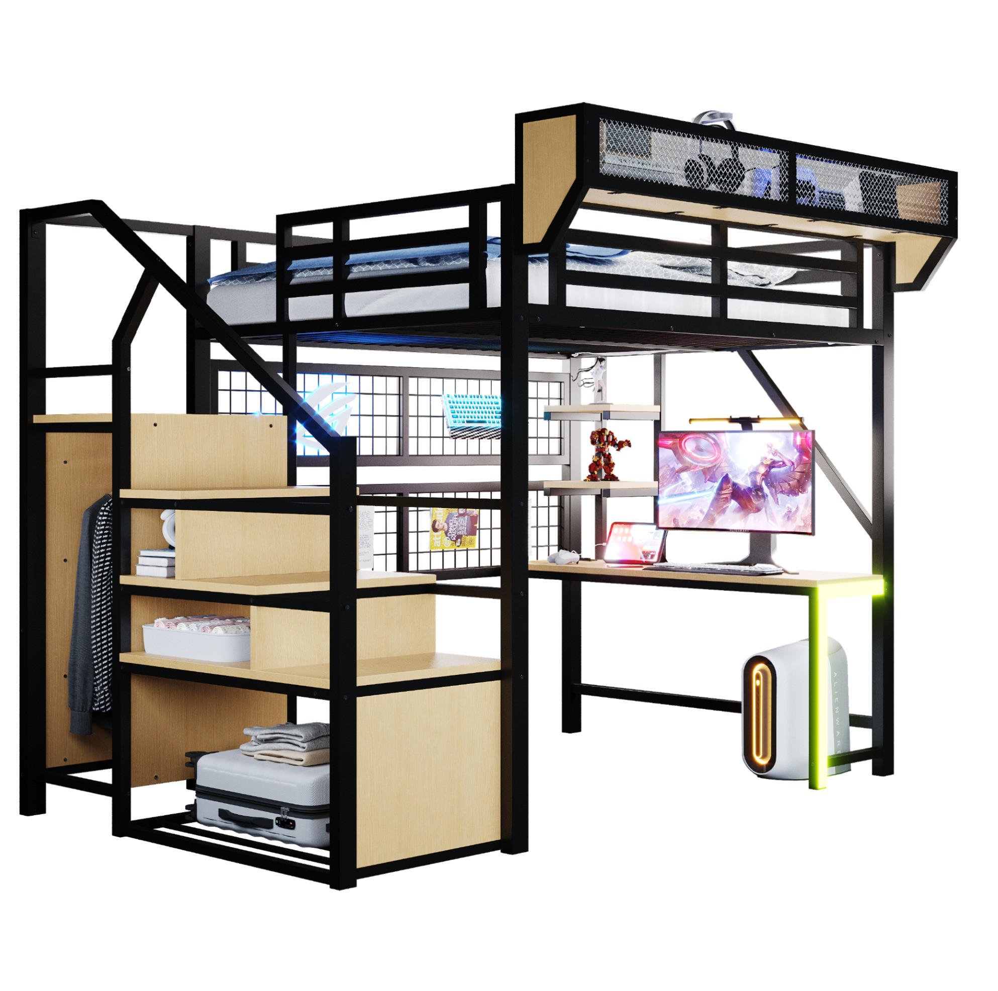 HOCHBETT 140/200 cm schwarz aus Metall mit Schreibtisch - Schwarz, Metall (140/200cm) - OKWISH