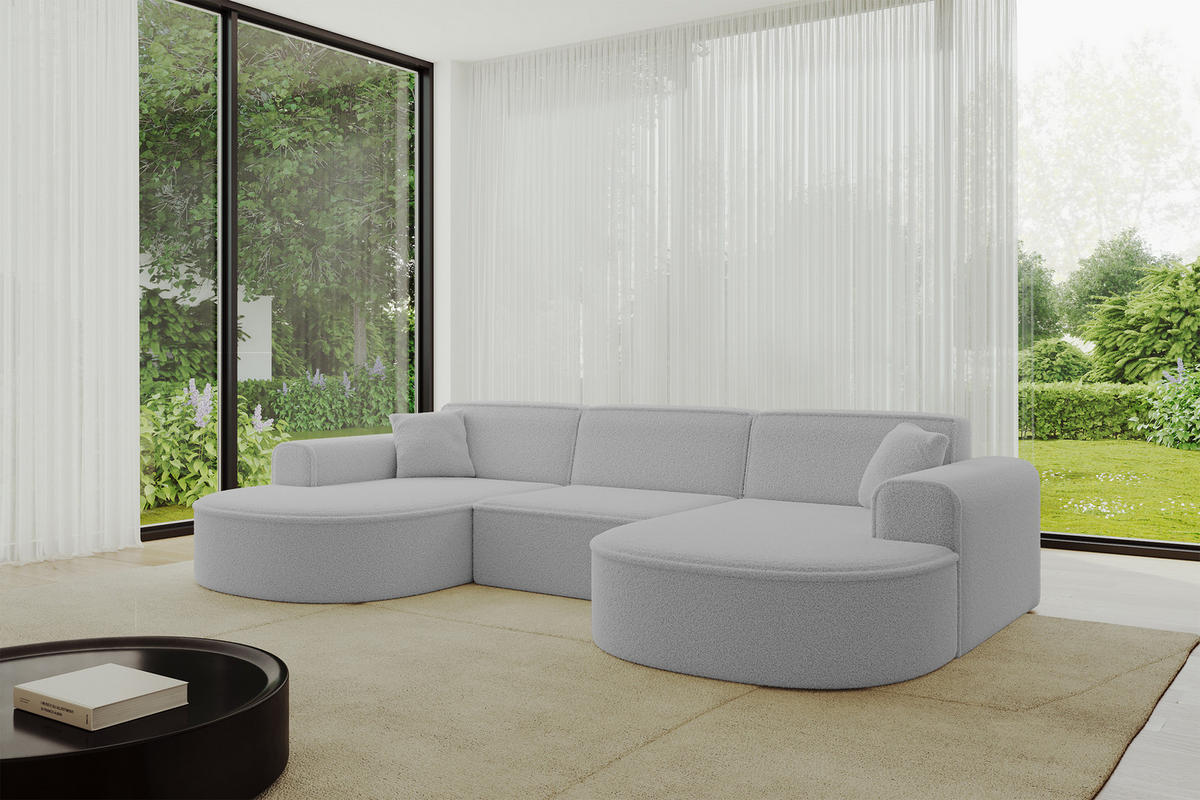 WOHNLANDSCHAFT MARI-U1 - 303x171x79 cm Hellgrau Bouclé - Hellgrau/Schwarz, Holzwerkstoff/Kunststoff (303/79/171cm) - ALTDECOR