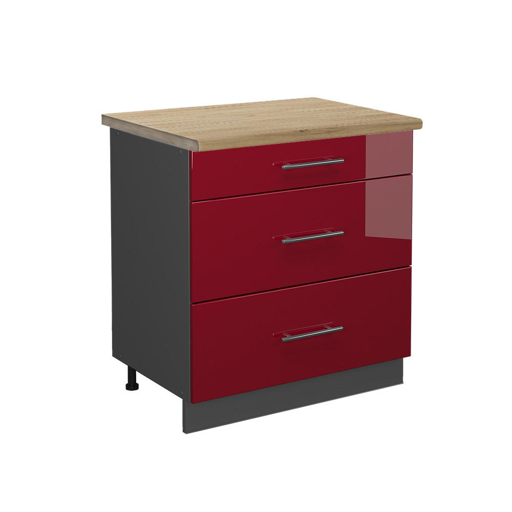 KÜCHENUNTERSCHRANK Fame-Line Bordeaux Hochglanz 80 cm mit 3 Schubladen AP Eiche - Bordeaux/Anthrazit, Holzwerkstoff (80/82/60cm) - Vicco