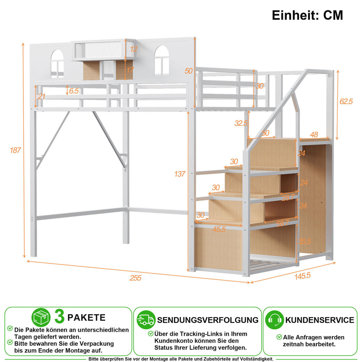 HOCHBETT 140/200 cm in Weiß mit Ablage und Stauraumleiter - Weiß, Holzwerkstoff/Metall (140/200cm) - CHICFURN