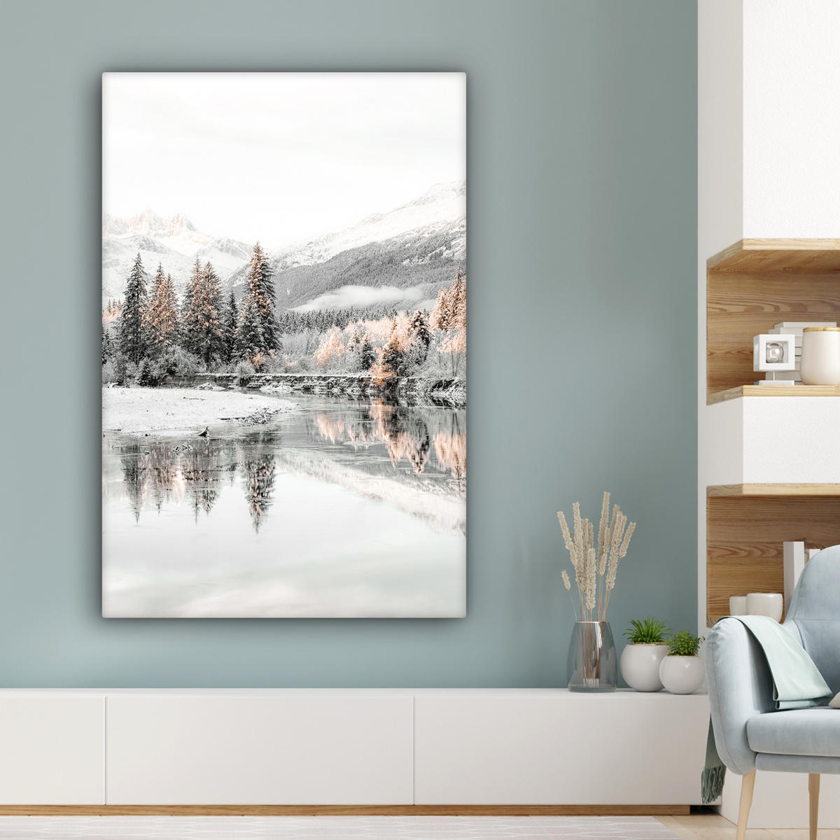 LEINWANDBILD Natur - Winter - Bäume - Berge - Schnee 90x140 cm - Weiß Hochglanz, Textil (90/140cm) - MuchoWow
