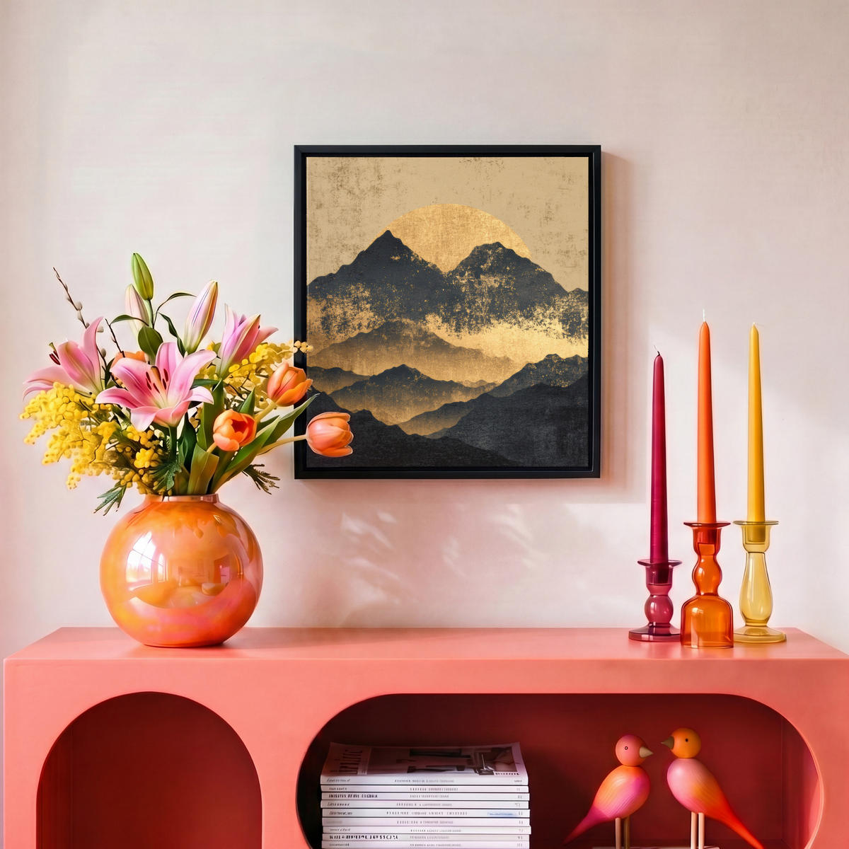 LEINWAND Bilder mit Rahmen - Goldene Berge bei Mondschein - 20x20 - Goldfarben, Textil (20/20cm) - MuchoWow