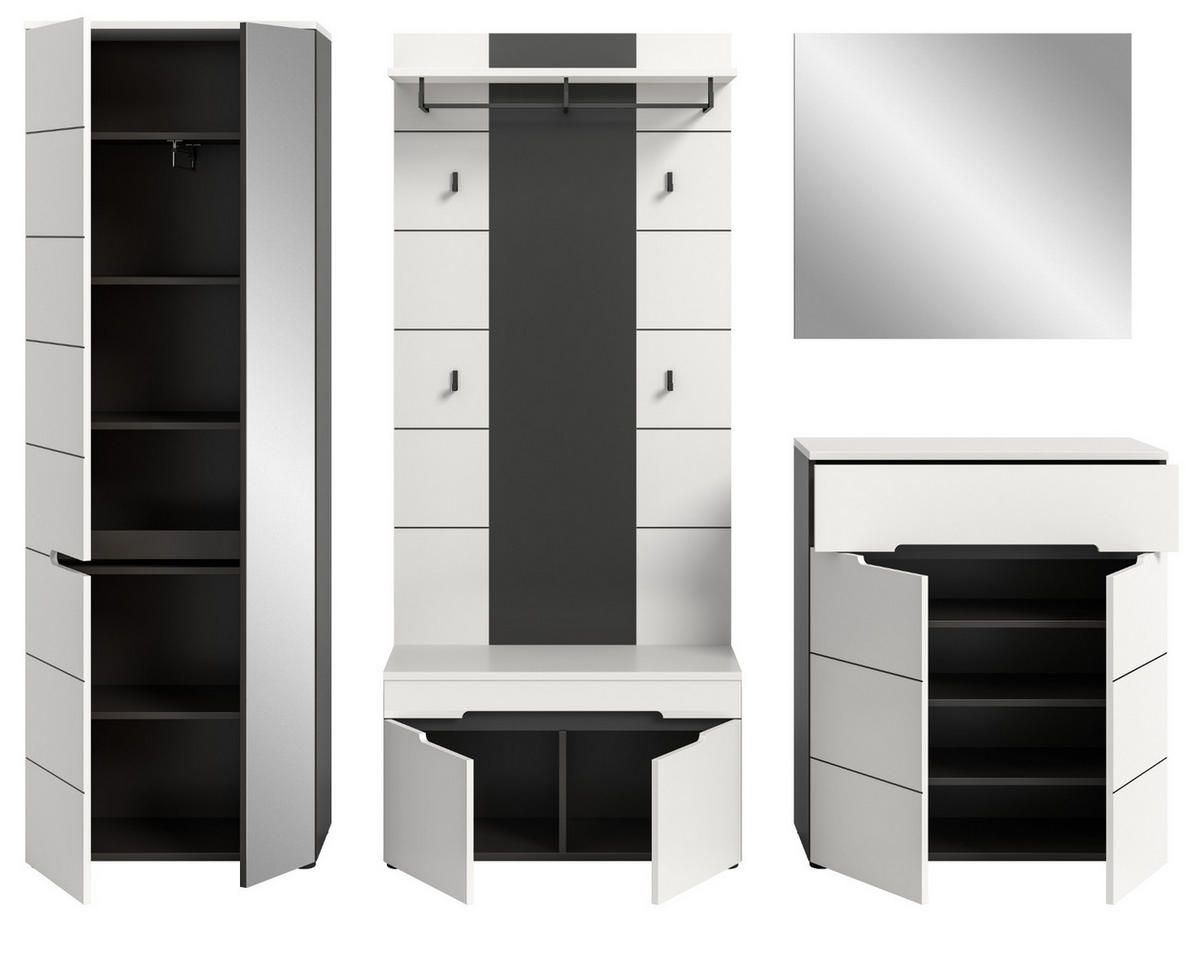 GARDEROBEN-SET 5-teilig in weiß, grau 255 cm, Komplettset mit Soft-Close, Cooper - Schwarz/Weiß, Glas/Holzwerkstoff (255/190/37cm) - Inn.Furn