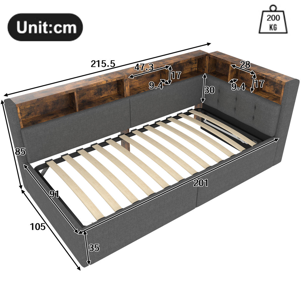 POLSTERBETT 90/200 cm Grau aus Leinen mit LED-Beleuchtung und USB- und Type-C-Anschlüssen - Grau, Textil (90/200cm) - Flora Grace