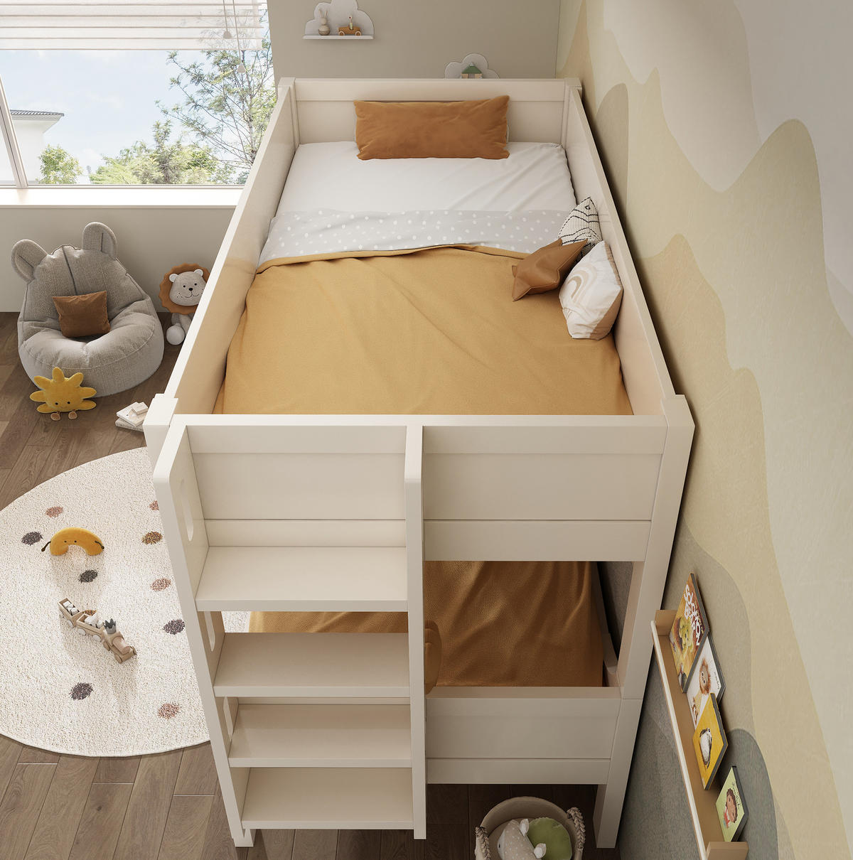 ETAGENBETT aus Holz 90x200 cm Weiß, trennbar mit flexibel montierbarer Leiter - Weiß, Holzwerkstoff (90/200cm) - IVMEU