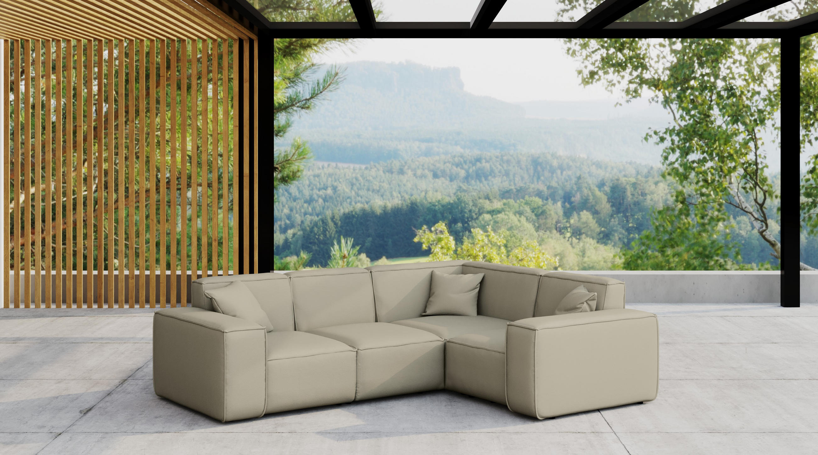 GARTENECKSOFA L-form MALIBU Stoff Odyssey Dunkelbeige Rechts - Beige, Holz (246/73/181cm) - Kaiser Möbel