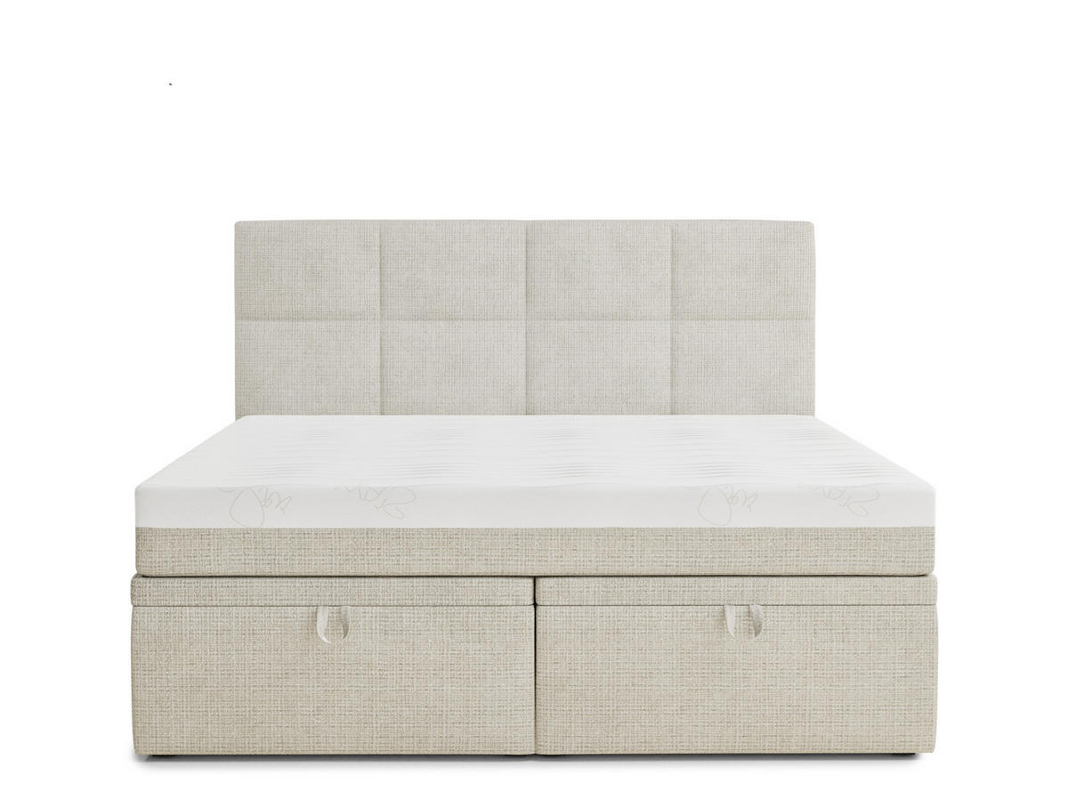 BOXBETT 140/200 cm Umage, in Beige, Matratze, gepolstertes Kopfteil, Bettkasten, H3 = fest - Beige/Schwarz, Holz/Holzwerkstoff (140/200cm) - Maison de Reve