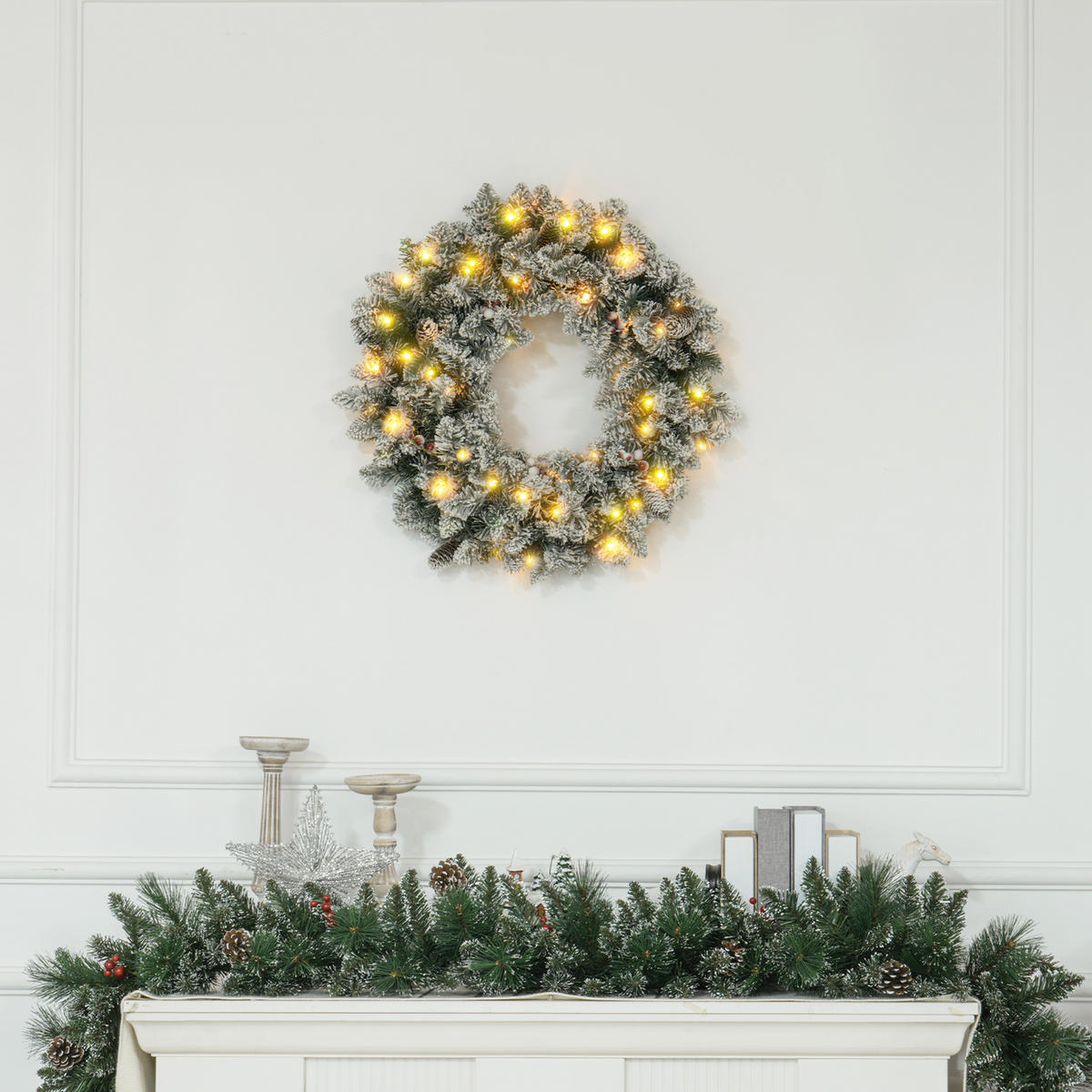 TANNENKRANZ Weihnachtskranz Türkranz Künstlicher Tannenkranz mit Lichterkette - Grün, Kunststoff/Metall (10cm) - HOMCOM