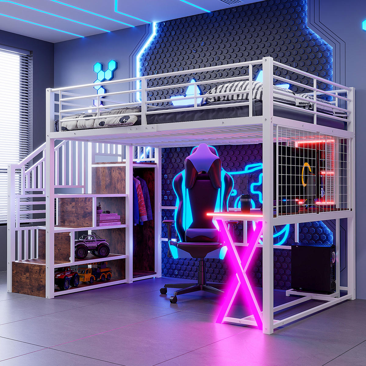 HOCHBETT 140x200cm Weiß LED-Licht Ablageleiter Schreibtisch Kleiderschrank - Weiß, Metall (140/200cm) - FLIEKS