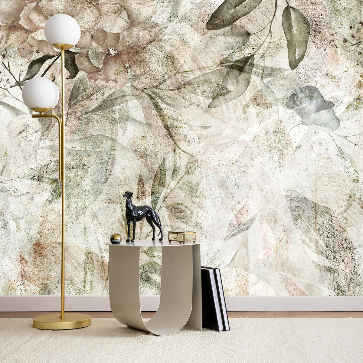 FOTOTAPETE für Schlafzimmer Retro Blumen Blätter Beton Abstrakt Vintage 200x140 - Beige/Braun, Papier (200/140cm) - Muralo