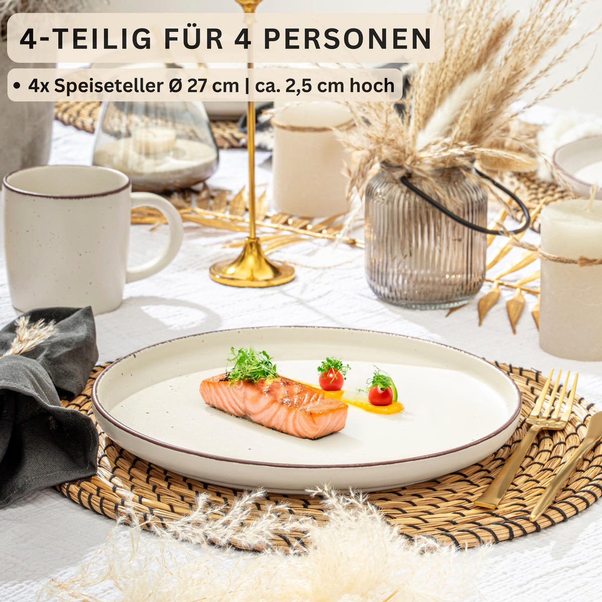 SPEISETELLER BOMBAY BEACH - 4 teilig aus Steingut - Creme, Stein (27cm) - Sänger