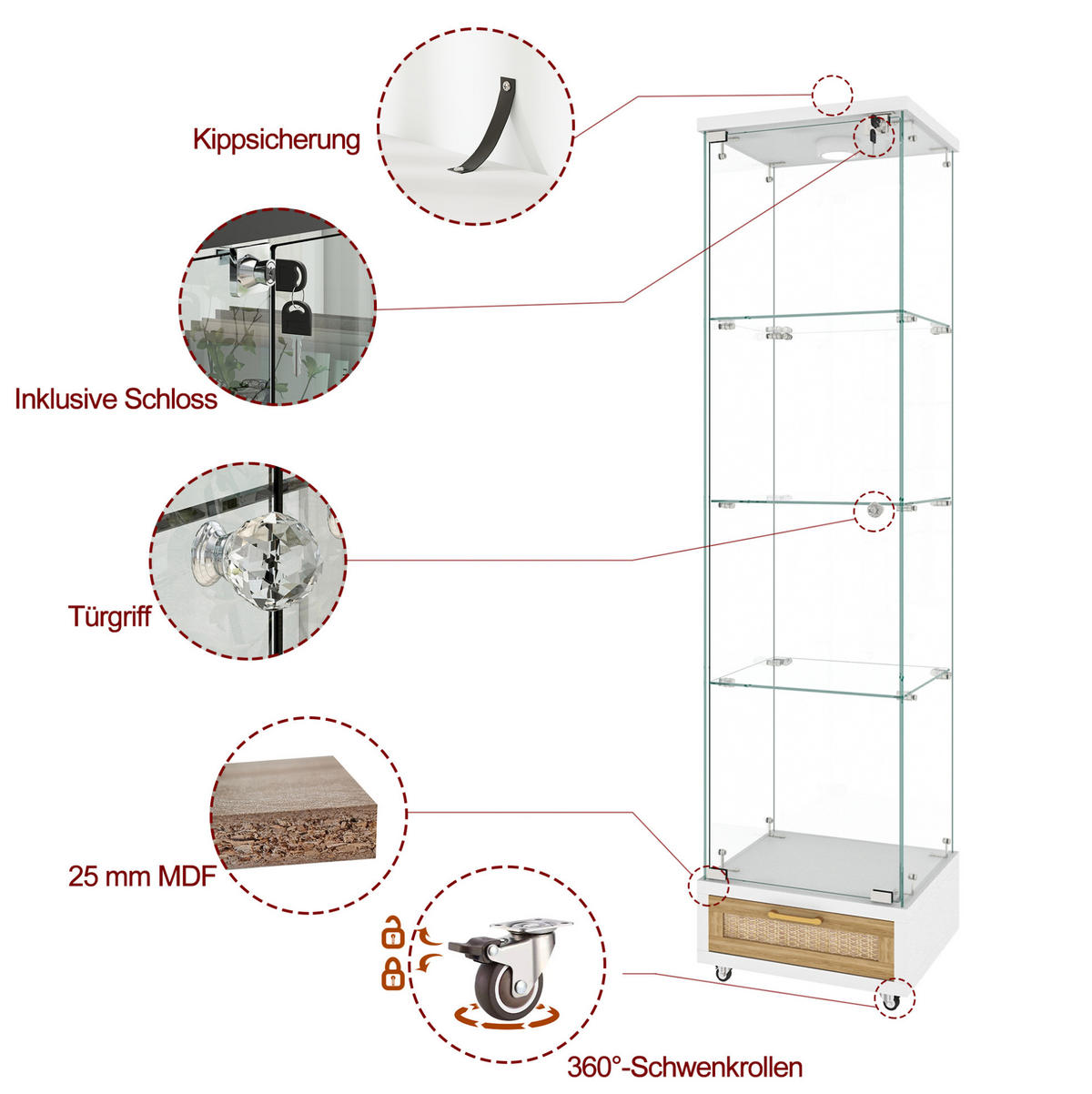 VITRINE aus MDF und Glas 36,5x42,5x167 cm Weiß mit LED-Beleuchtung, Rollen und abschließbarem Stauraum - Weiß, Holzwerkstoff (42.5/167/36.5cm) - Modfu
