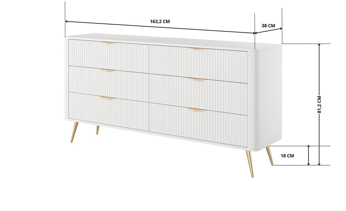 SIDEBOARD Flore 163 cm Weiß / Gold - mit 6 Schubladen und Riffel-Optik - Gelb/Goldfarben, Holz/Holzwerkstoff (163/81/38cm) - Ravio