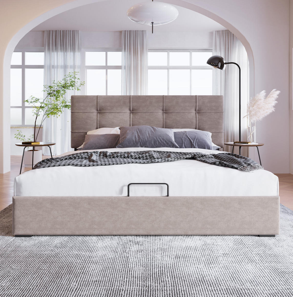 POLSTERBETT aus Samt 140x200 cm Hellgrau mit Bettkasten und verstellbarem Kopfteil - Hellgrau, Textil (140/200cm) - IVMEU