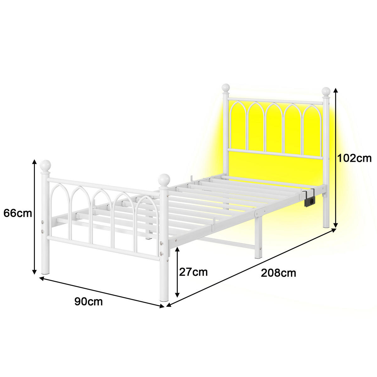 METALLBETT 90x200 cm LED USB Vintage weiß - Weiß, Metall (90/200cm) - LEBENLANG